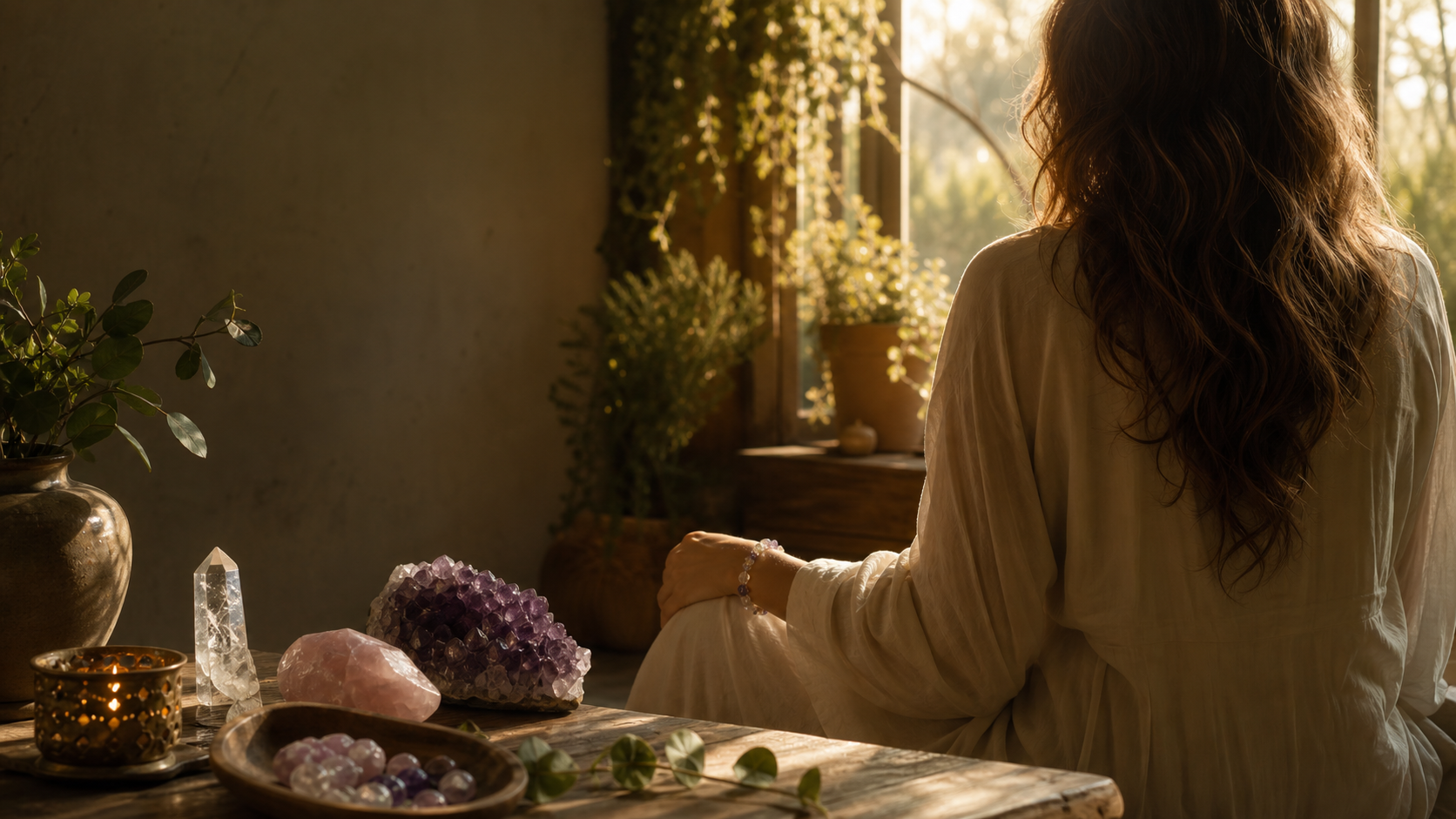 Sunlit space with natural crystals and a symbolic bracelet